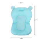 Cojín azul para bañera de bebé con medidas de 47x32x29 cm, con soporte.