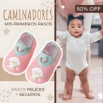 Caminadores rosas para bebés con diseño de perrito y descuento del 50%.