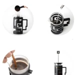 Prensa francesa negra con molino de café y accesorio para preparar café.