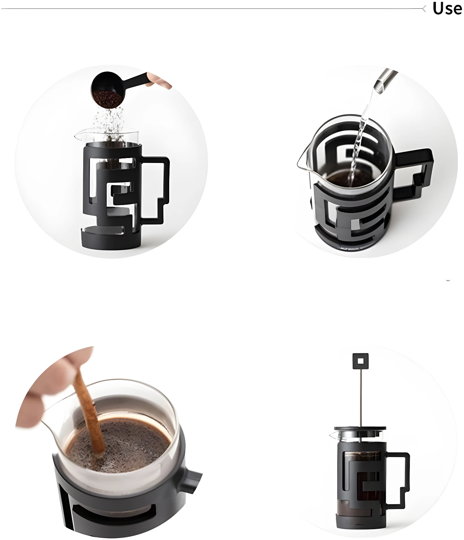 Prensa francesa negra con molino de café y accesorio para preparar café.