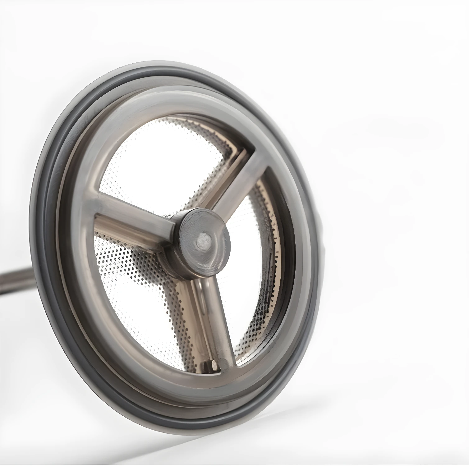 Filtro de prensa francesa con rejilla metálica para molino de café, de cerca.