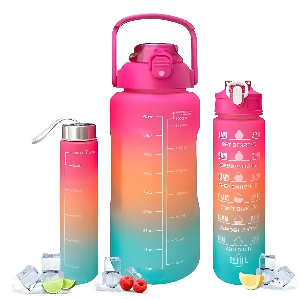 Combo 3 termos motivacionales degradados con medidas, ideales para hidratación diaria.