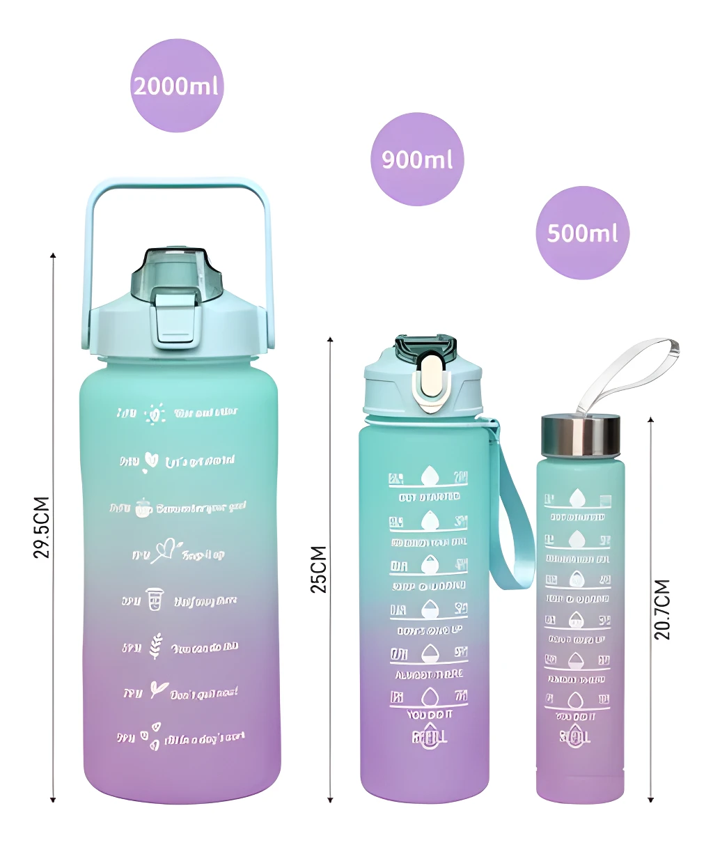 Combo termos motivacionales set x 3 unid: 2000ml, 900ml y 500ml, con medidor de agua.