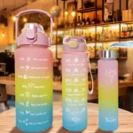 Set de 3 termos motivacionales con escalas de tiempo para hidratación, ideal para gimnasio.