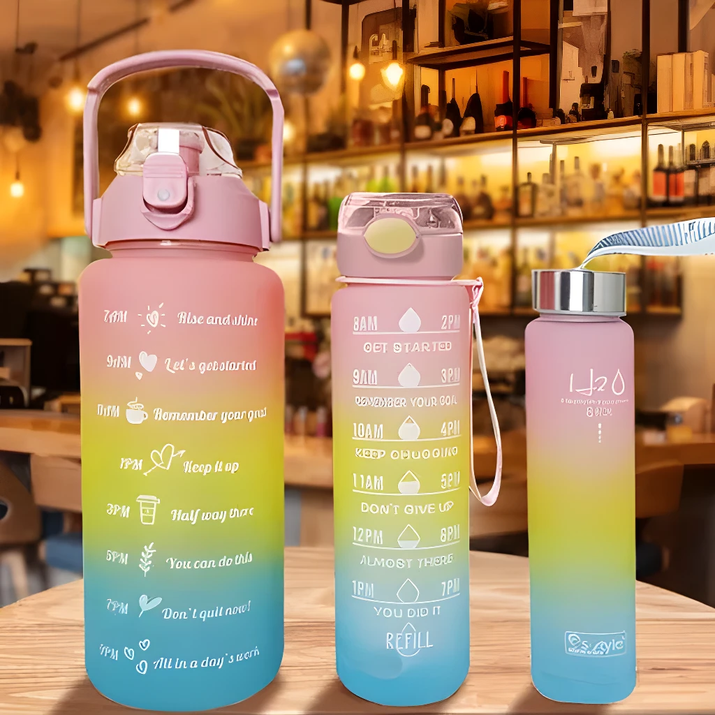 Set de 3 termos motivacionales con escalas de tiempo para hidratación, ideal para gimnasio.