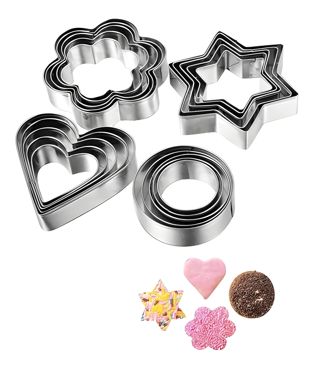 Juego de cortadores de galleta de metal con figuras de estrella, corazón, flor y círculo.