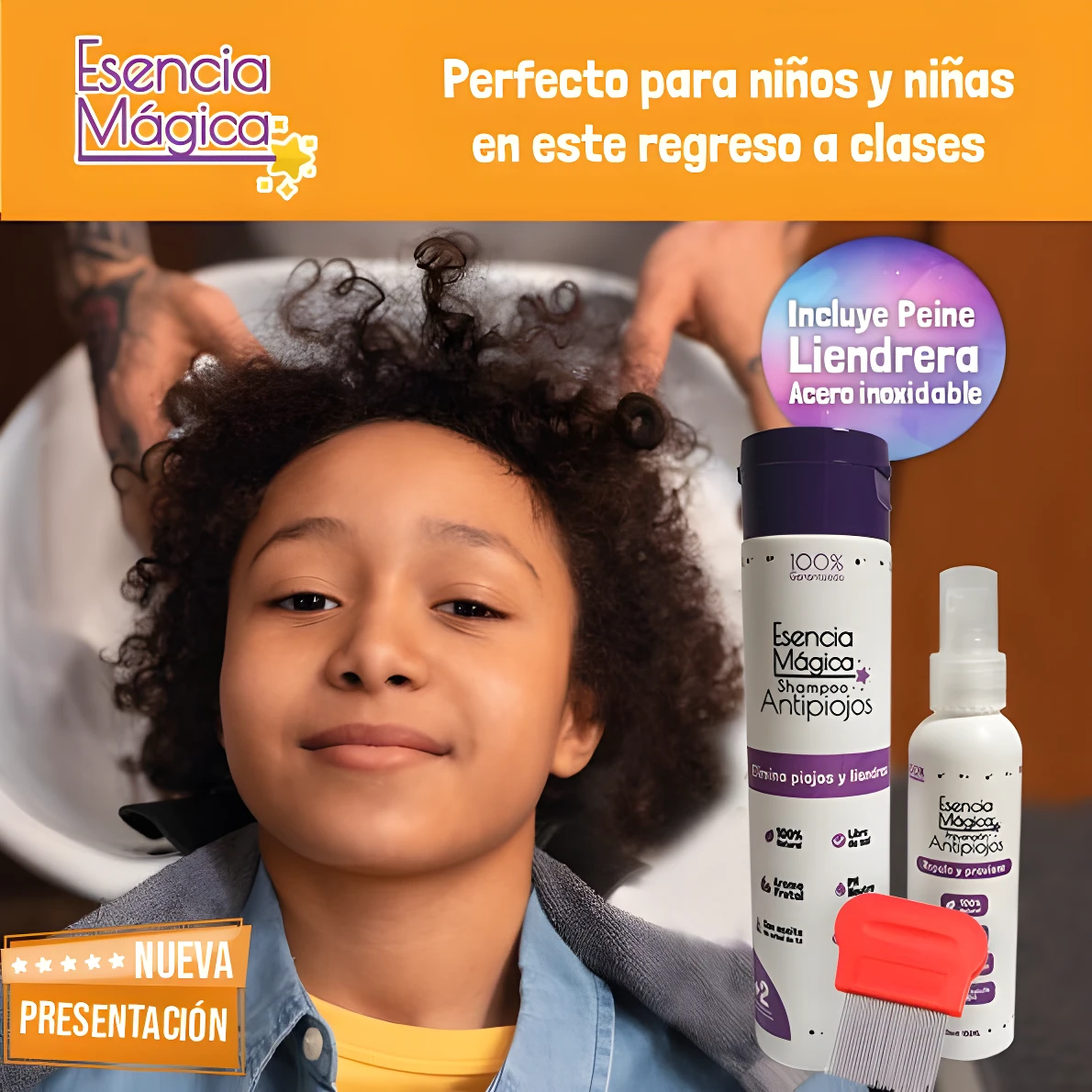 Esencia Mágica: Shampoo y spray anti piojos con peine, ideal para niños y regreso a clases.
