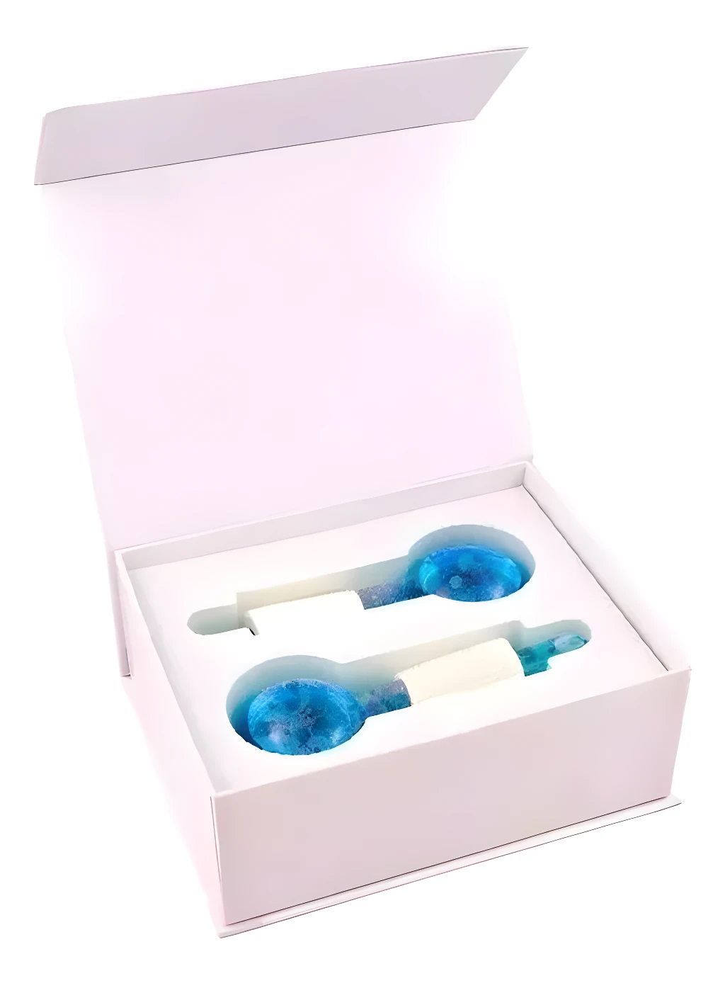 Caja blanca con dos globos de helio para masaje facial, con líquido azul y burbujas.