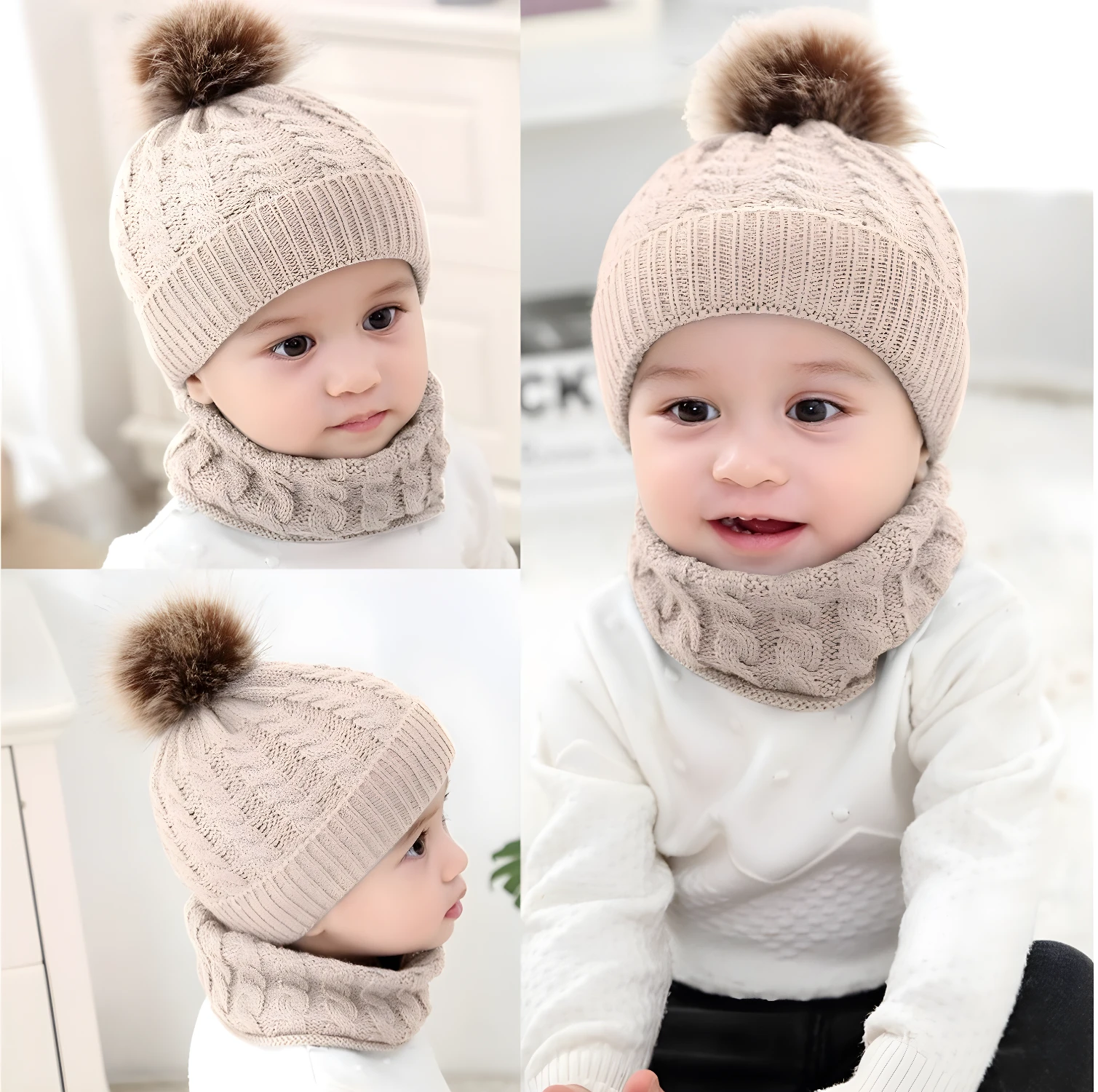 Gorro y bufanda de tejido para bebé con pompón, color beige, estilo casual.