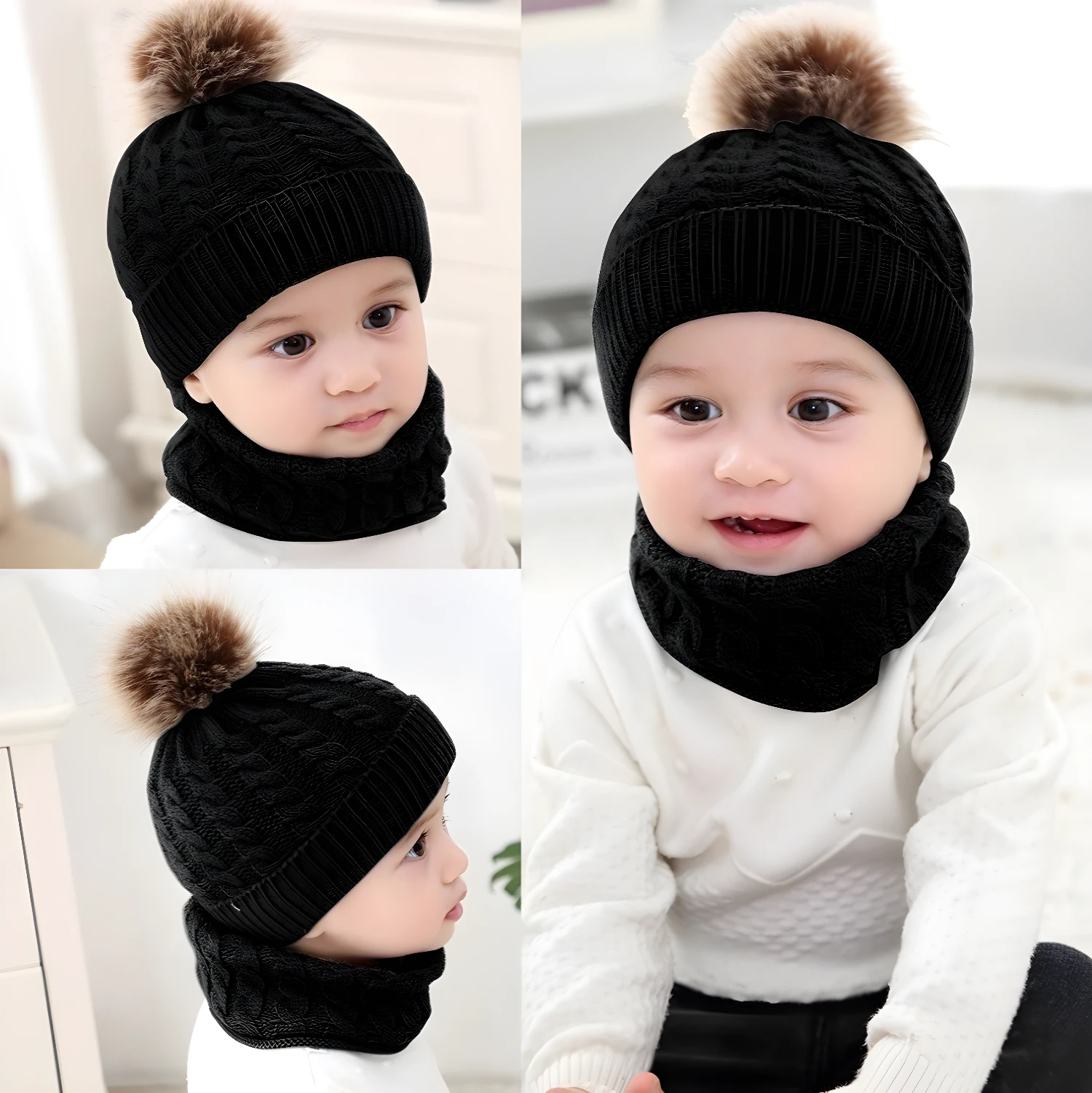 Gorro y bufanda de bebé negros con pompón de pelo, perfectos para el frío.