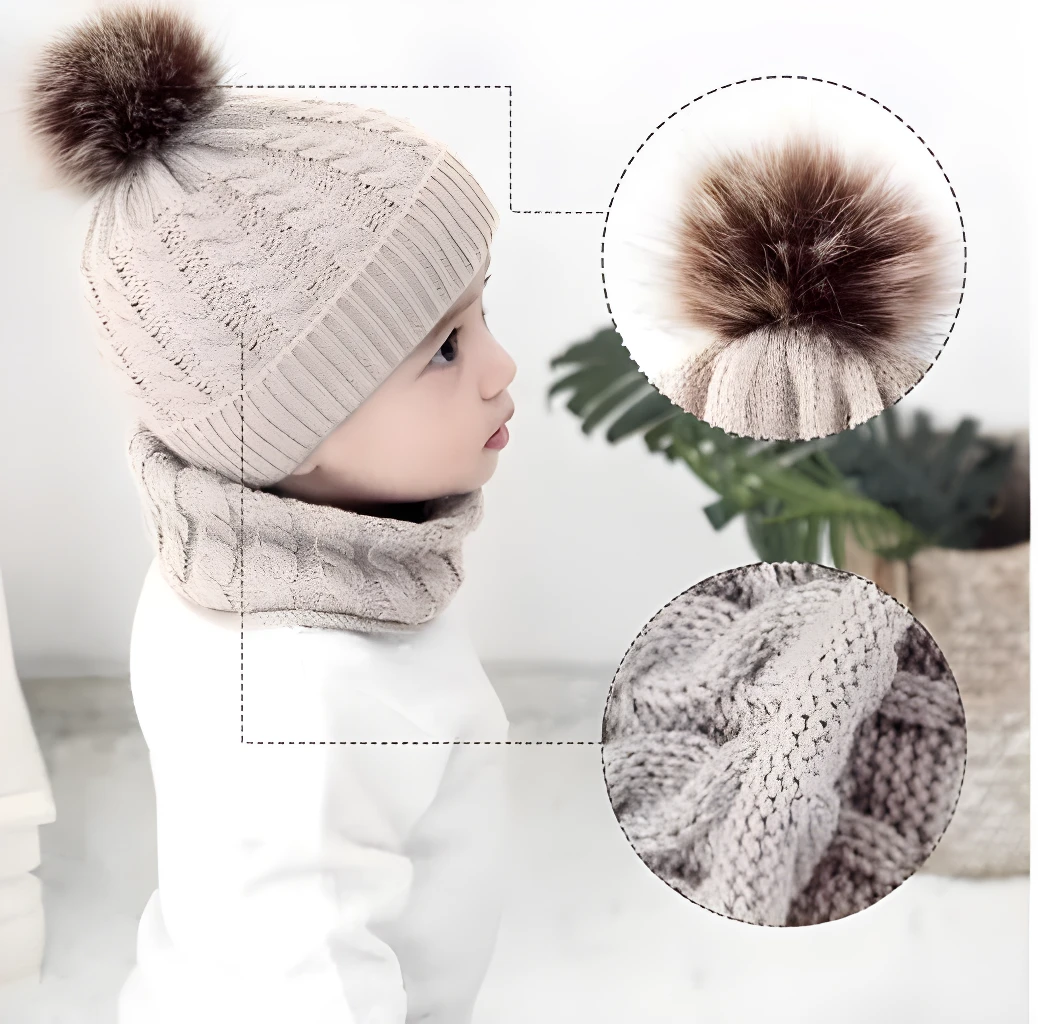 Gorro y bufanda para bebés con pompón y tejido trenzado, ideal para frío.