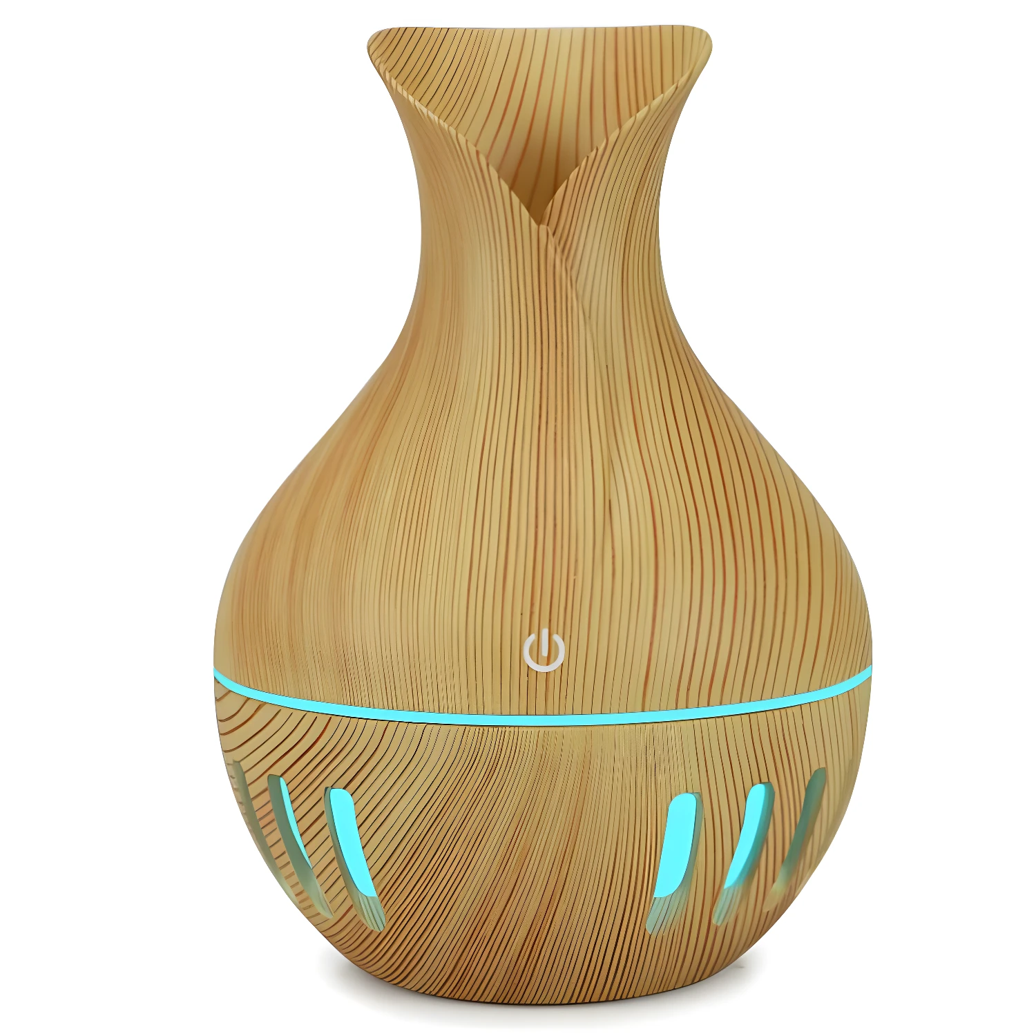 Humidificador difusor de aroma en forma de jarrón de madera con luz azul y símbolo de encendido.