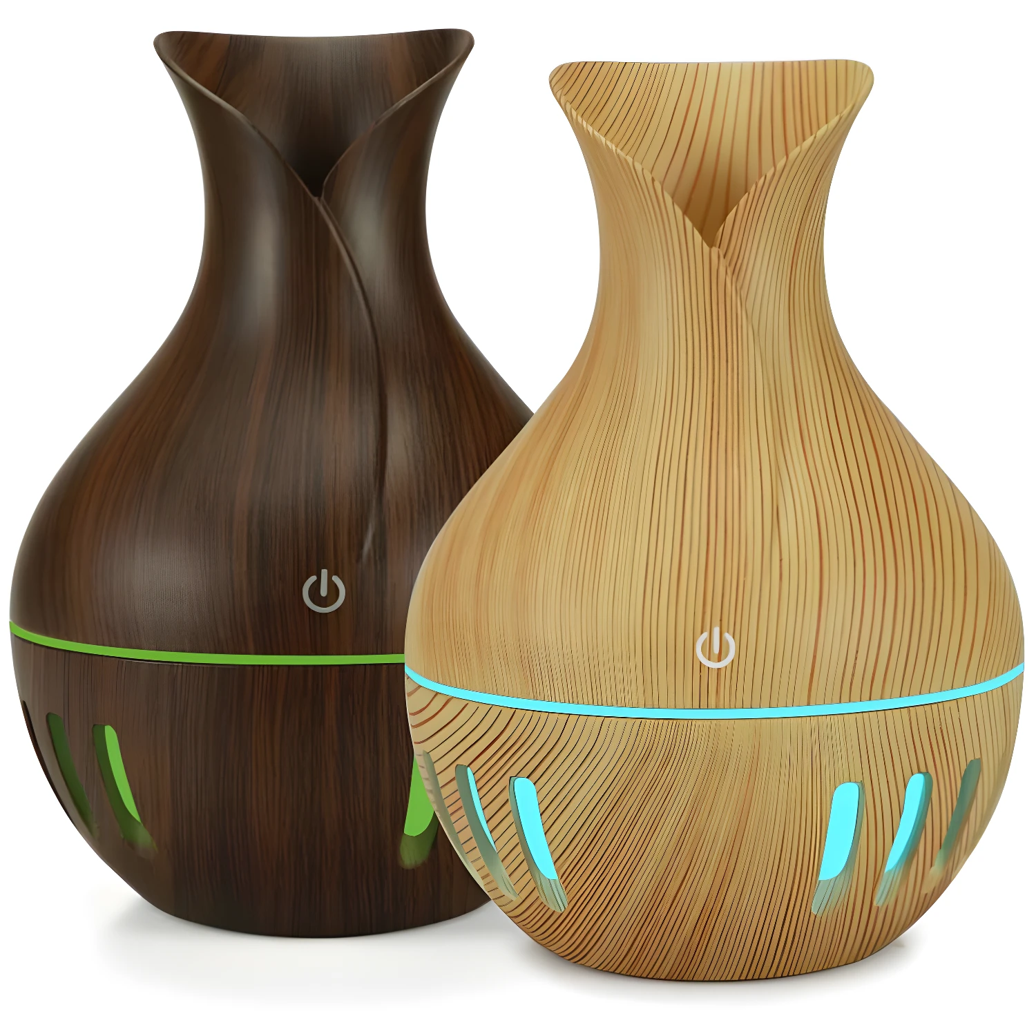 Humidificador difusor de aroma madera oscura y clara con luz led azul y verde.