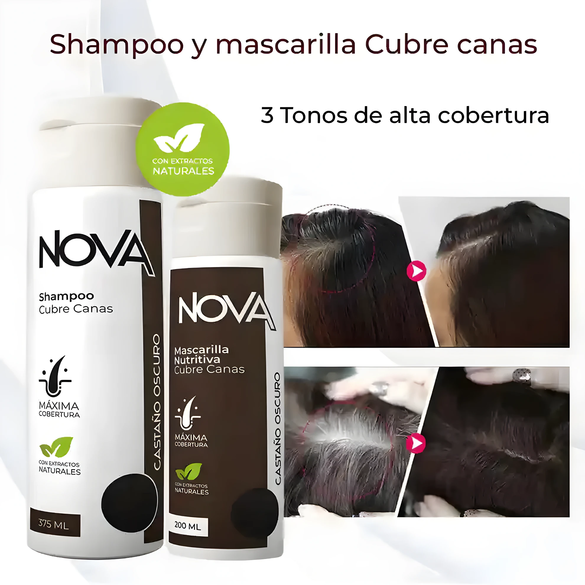 Nova Shampoo y Mascarilla Nutritiva Castaño Oscuro Cubre Canas.