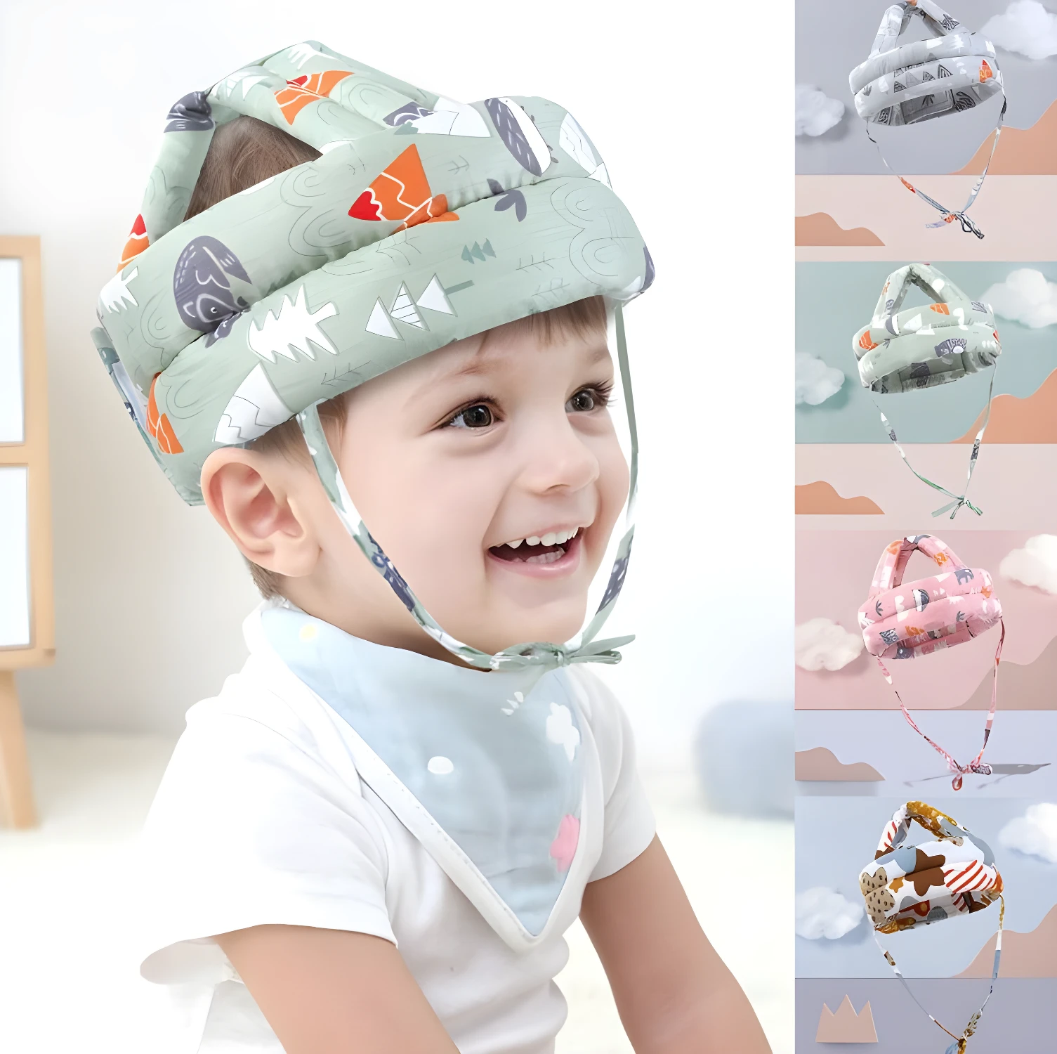Casco protector para bebé con estampado de bosque y animales, diseño acolchado.