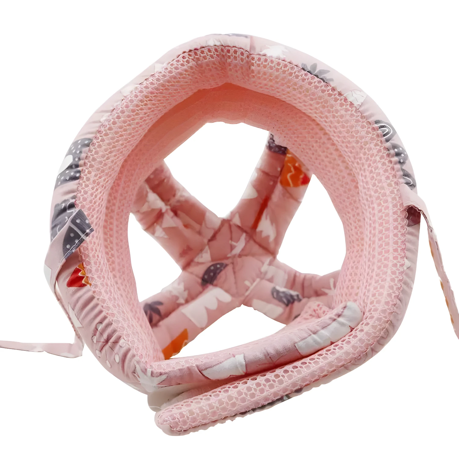 Protector de cabeza para bebé rosa con estampado de animalitos, diseño ligero y transpirable.