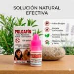 Pulgafin gotas tópicas antipulgas y garrapatas en envase rosa, con de niña y perro.