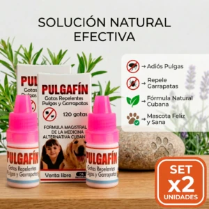 Set x2 de gotas tópicas Pulgafin para mascotas en envase rosado, con imágenes de pulgas y garrapatas tachadas y huellas de perro.