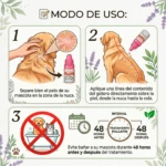 Instrucciones visuales para aplicar Pulgafin para perros y gatos: separación del pelo, aplicación tópica y tiempo de espera.
