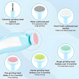 Pulidor eléctrico para bebés: 6 cabezales para distintos usos y edades, ideal para cuidado de uñas.
