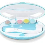 Pulidor eléctrico de uñas para bebés en estuche azul con 6 puntas intercambiables.