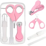 Set de manicura para bebés de 4 piezas color rosa: cortaúñas, tijeras, pinzas y lima.
