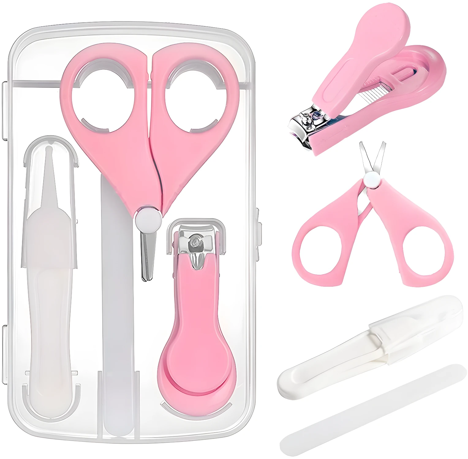 Set de manicura para bebés de 4 piezas color rosa: cortaúñas, tijeras, pinzas y lima.