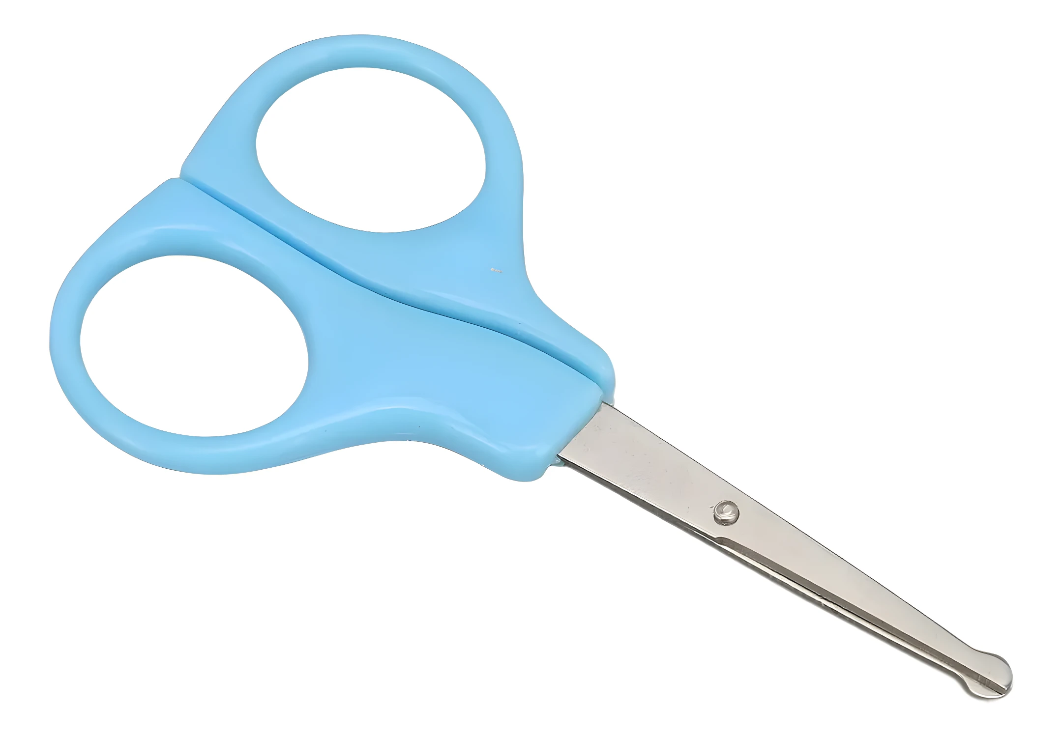 Tijeras de bebé azules con punta redondeada, ideal para manicure infantil.