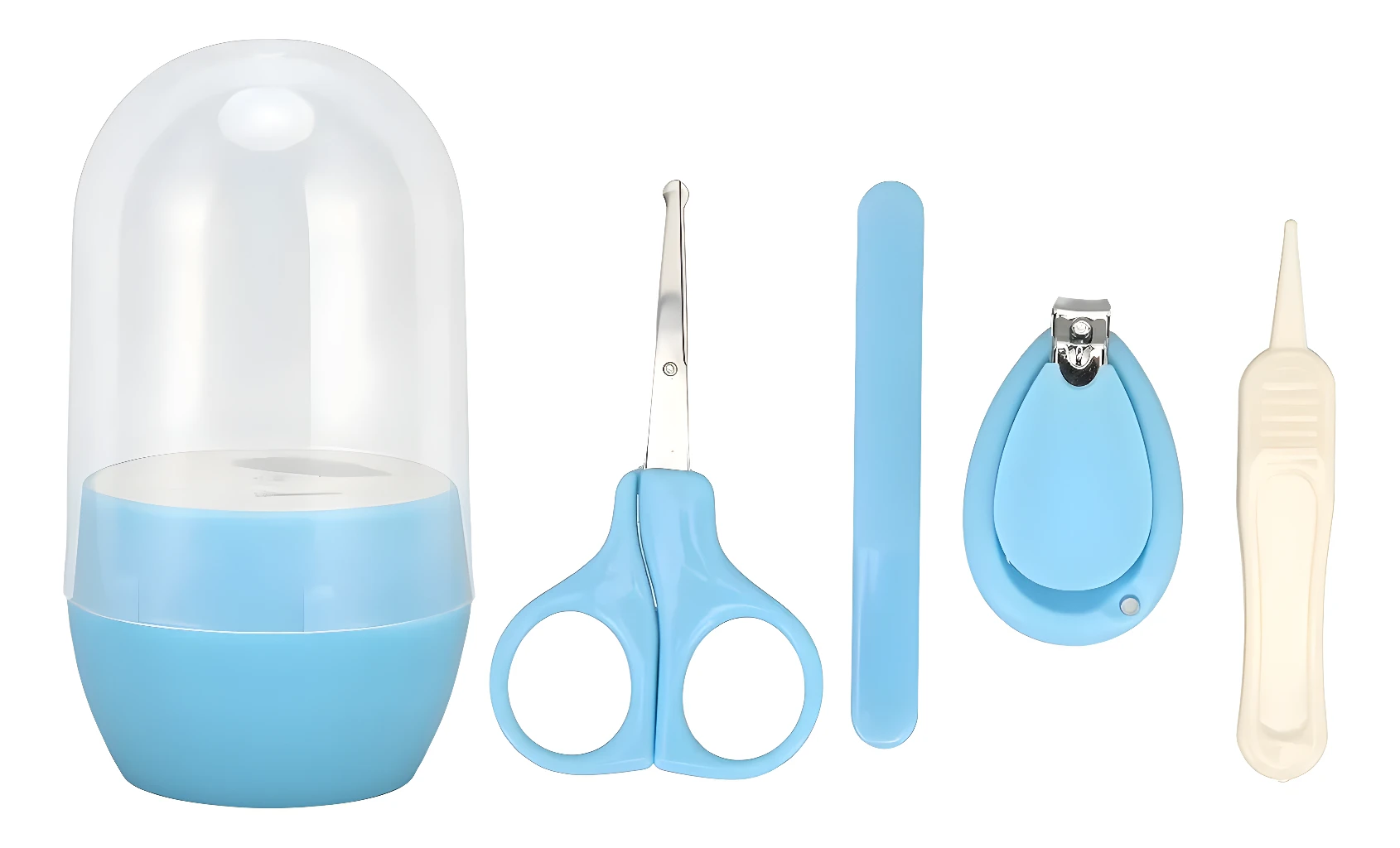 Set de manicura para bebés de 4 piezas: cortaúñas, tijeras, lima y pinza con estuche.