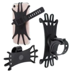 Soporte universal negro para celular de bicicleta con agarre de goma y base ajustable.