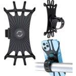 Soporte universal para celular de bicicleta, rotación 360°, negro, en manillar.