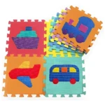 Tapete rompecabezas para bebé con diseños de barco, avión, tren y bus.
