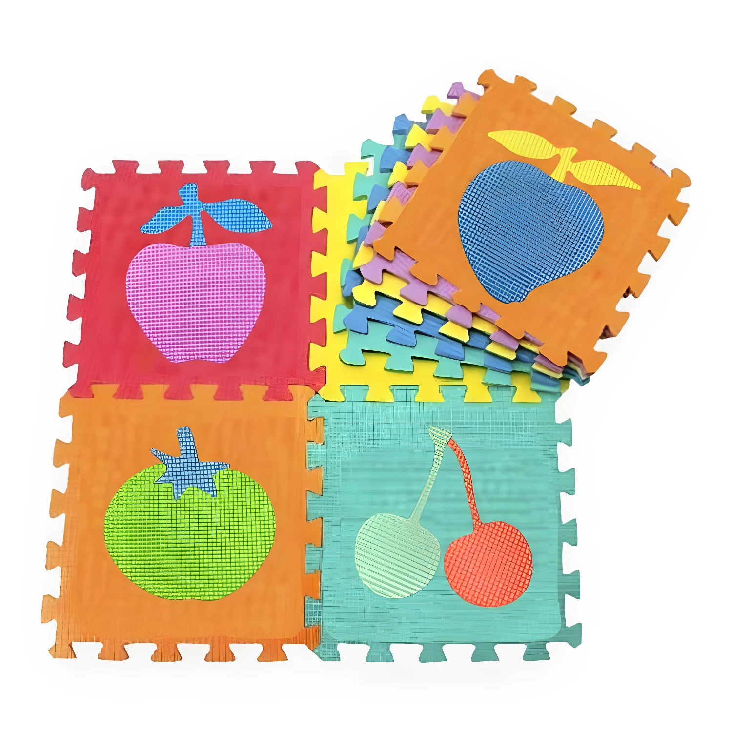 Tapete rompecabezas para bebé con diseño de manzana roja, tomate verde y cerezas.