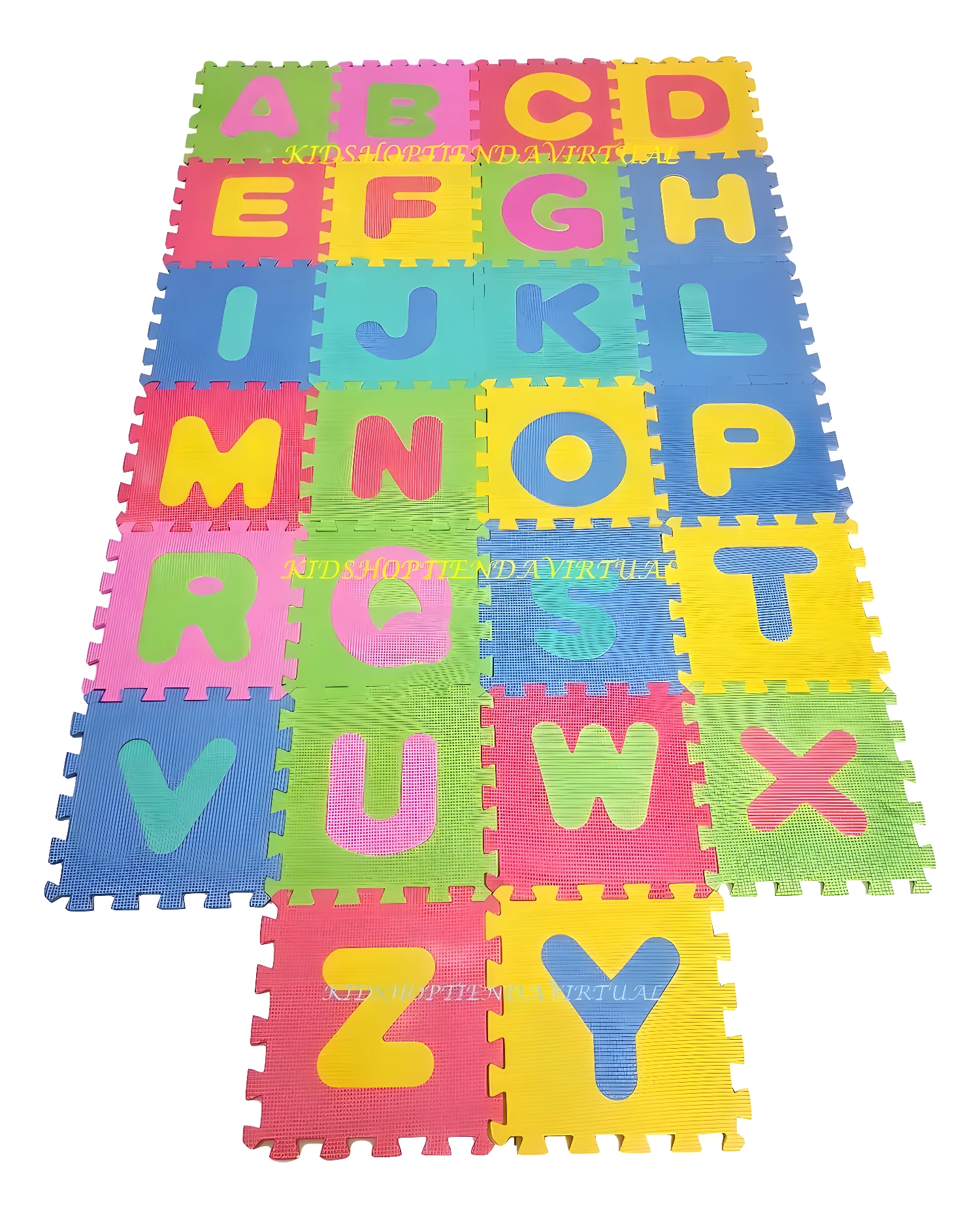 Tapete rompecabezas con letras del abecedario para bebé en colores vibrantes.