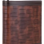 Licorera wiskera acero inoxidable forrada cuero café 8 Oz, diseño cocodrilo.