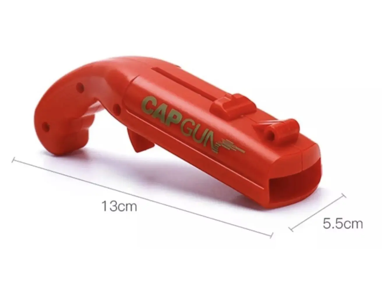 Destapador tipo pistola lanzador de tapas, diseño rojo y medidas 13x5.5 cm.