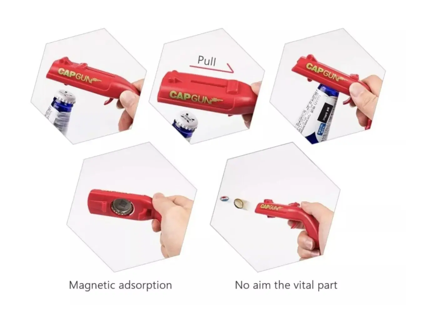 Destapador tipo pistola lanza tapas de botella, con atractivo diseño y fácil agarre.