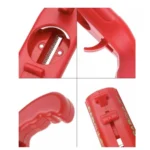 Destapador pistola lanzador de tapas rojo en acción, mecanismo de resorte y mango ergonómico.
