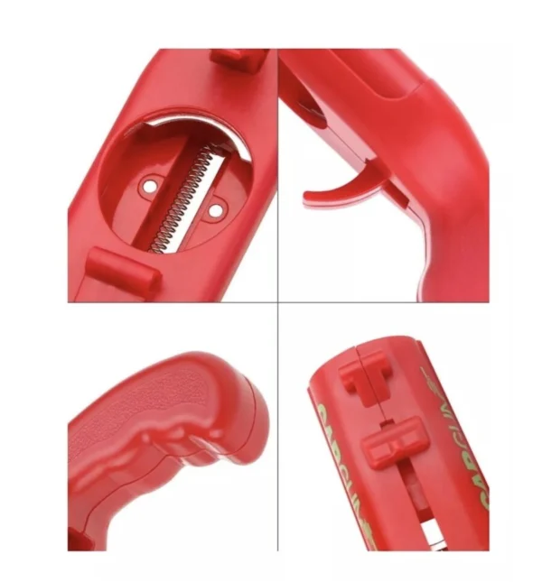 Destapador pistola lanzador de tapas rojo en acción, mecanismo de resorte y mango ergonómico.