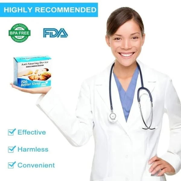 Doctora recomendando kit anti ronquido, efectivo, inofensivo y conveniente.