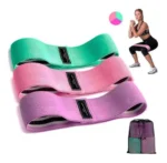 Bandas elásticas de resistencia para glúteo en tonos verde, rosa y morado, ideales para ejercicio.