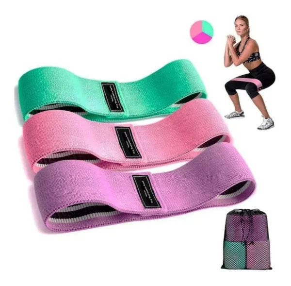 Bandas elásticas de resistencia para glúteo en tonos verde, rosa y morado, ideales para ejercicio.