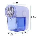Quita motas mini máquina eléctrica portátil para ropa, diseño blanco y azul, medidas 7x4x6 cm.