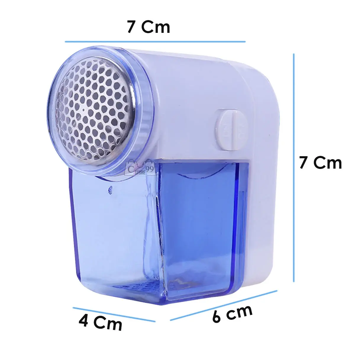 Quita motas mini máquina eléctrica portátil para ropa, diseño blanco y azul, medidas 7x4x6 cm.