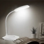 Lámpara de escritorio flexible blanca 801 con base, brazo ajustable y luz LED brillante.