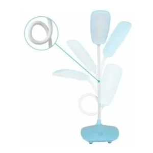 Lámpara de escritorio flexible azul 801 con cuello adaptable y luces LED.
