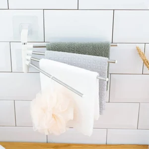 Rack para toallas de baño con 4 brazos giratorios y diseño moderno, ideal para colgar toallas.