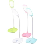 Lámpara de escritorio LED flexible 801: verde, rosa y azul con base redonda.