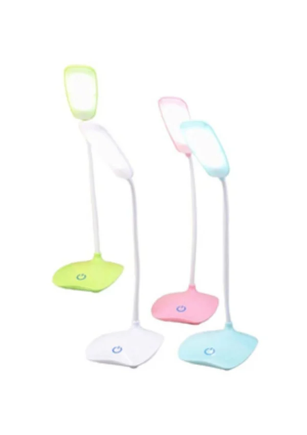 Lámpara de escritorio LED flexible 801: verde, rosa y azul con base redonda.