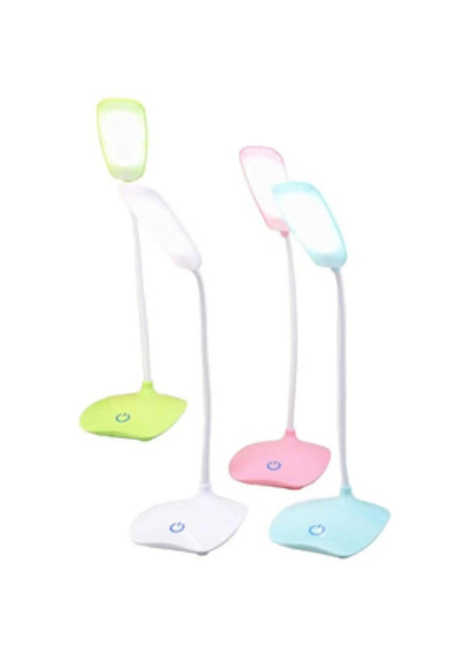 Lámpara de escritorio LED flexible 801: verde, rosa y azul con base redonda.